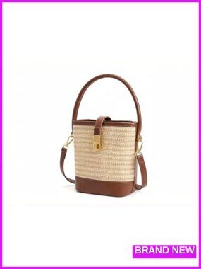 Woven Straw Vegan Leather Bucket Bag with Twist Lock Top Handle